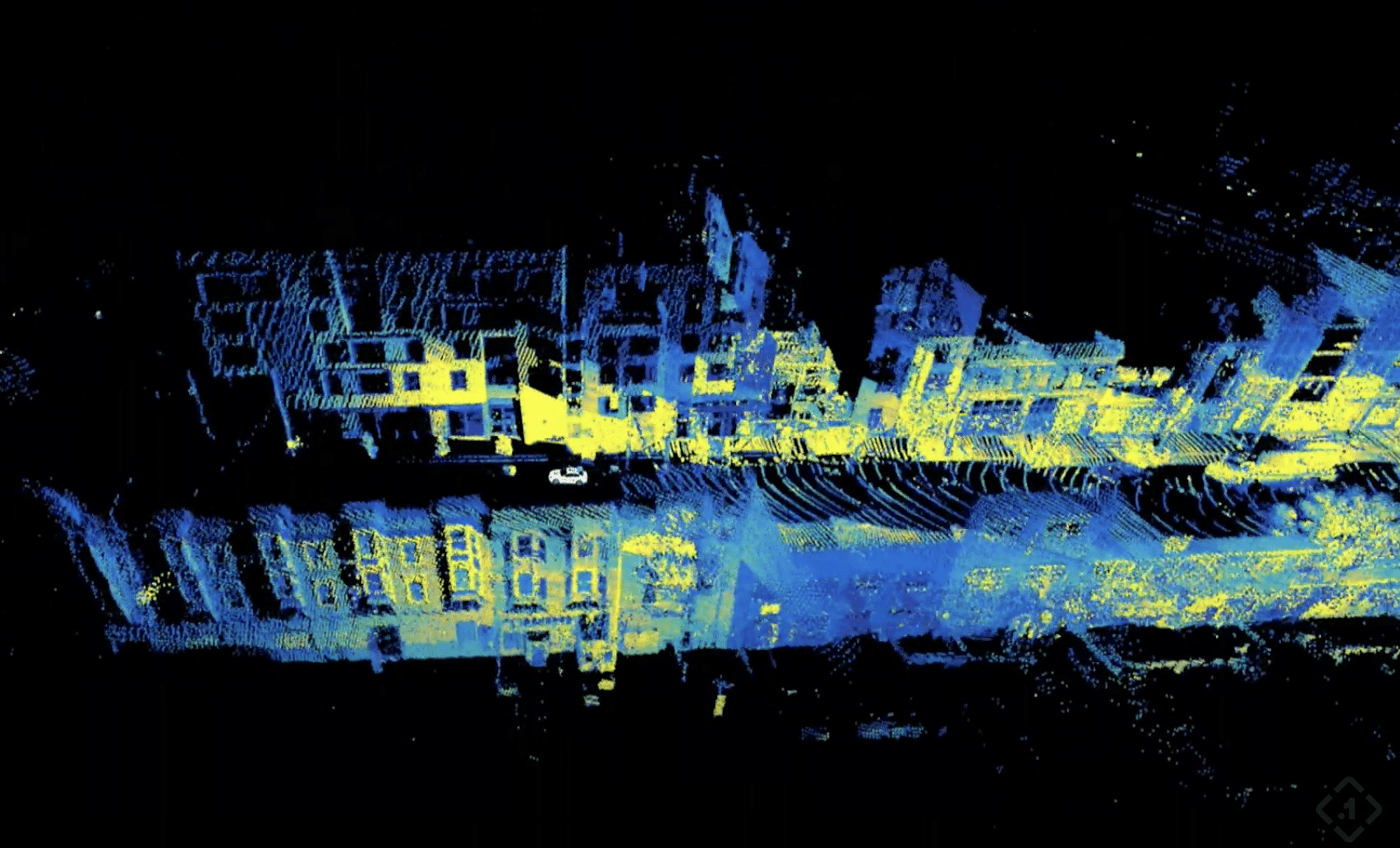 Point cloud scan of a row of buildings reflected on water, displayed in blue and yellow dots against a black background, using LiDAR stitching to create an abstract, digital representation of an urban scene.
