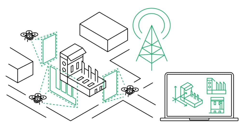A line drawing of drones performing Drone Mapping by scanning a building, coupling GNSS for accuracy, sending data to a radio tower, and a laptop displaying a 3D model of the scanned building.