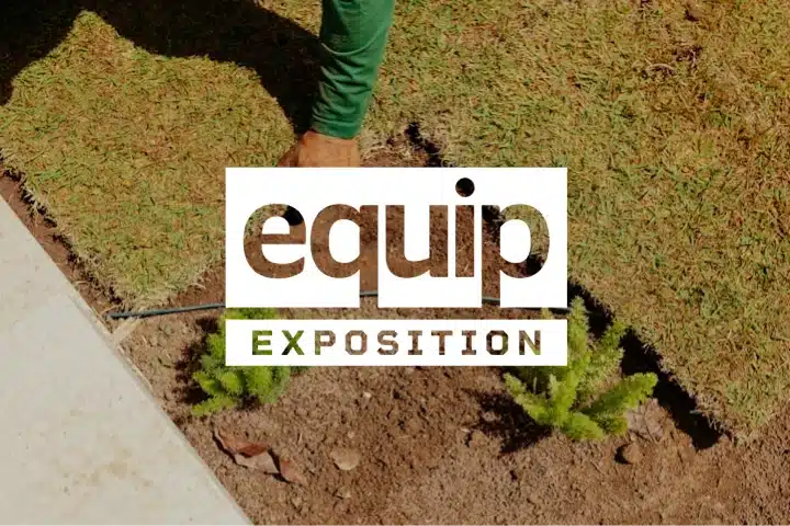 A person lays down sod beside a sidewalk, with small green plants nearby. The words equip EXPOSITION are boldly overlaid across the center, evoking the energy of industry events.