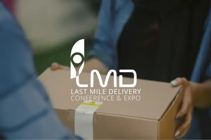 A person hands a cardboard package to another, with the text LMD Last Mile Delivery Conference & Expo and a location pin logo overlaid on the image, highlighting leading events in logistics.