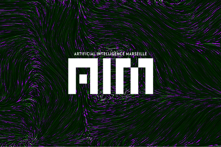 Bold white text reads AIM with Artificial Intelligence Marseille above it, set against a dark background with swirling green and purple patterns resembling fluid motion or digital waves, evoking the dynamic energy of groundbreaking AI events.