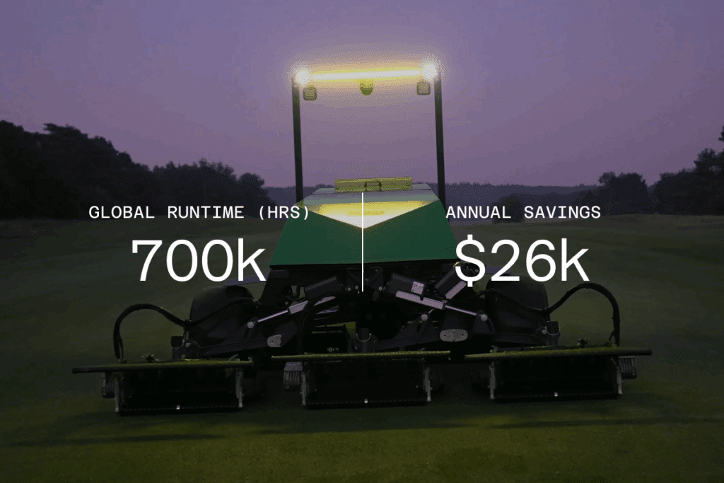 A large green autonomous turf management machine on grass at dusk with text overlay reading Global Runtime (hrs) 700k on the left and Annual Savings $26k on the right.