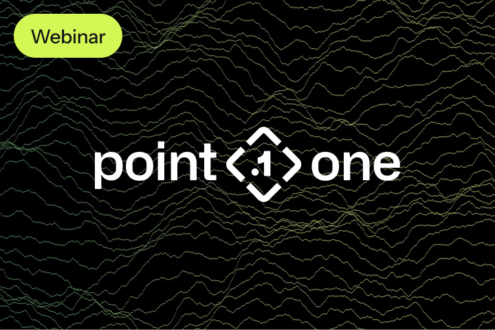 Point One webinar graphic for events, featuring "Webinar" in a green rounded box and "Point One" in white text on a black background with wavy yellow lines.