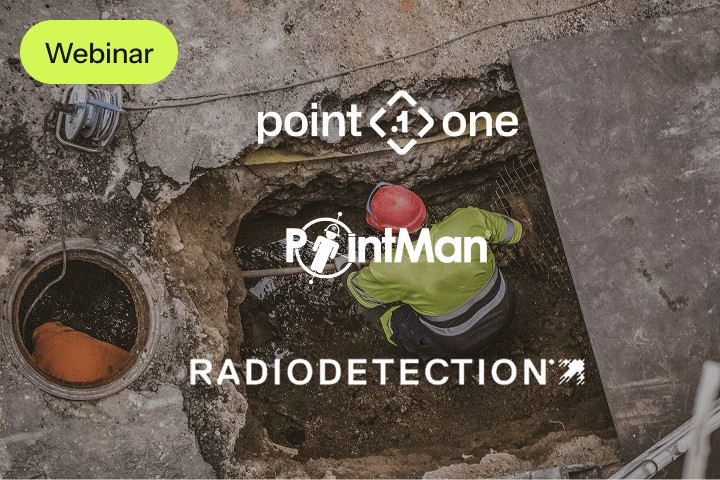 A construction worker wearing a high-visibility jacket and helmet works in a deep trench next to an open manhole. Logos for point one, PointMan, Radiodetection, and an events webinar label are overlaid on the image.
