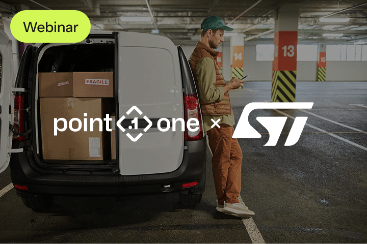 A man stands by an open van with boxes inside in a parking garage, looking at his phone. Overlaid logos for Point One and STMicroelectronics, plus a Webinar label in the top left, highlight upcoming events.