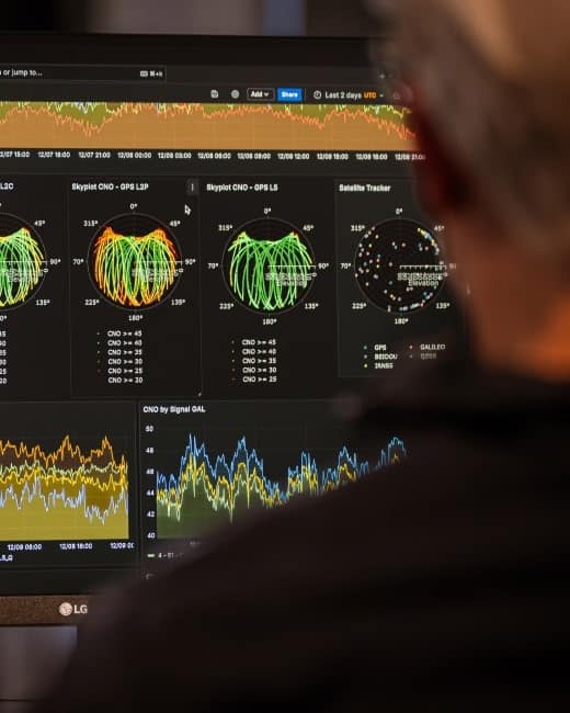 A person looks at a computer monitor displaying colorful satellite tracking data, charts, and graphs with orbits and various signal information.