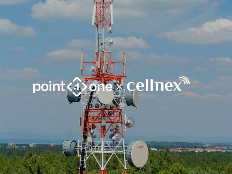 A red and white telecommunications tower with multiple antennas stands against a blue sky with scattered clouds. The logos “Point One” and “Cellnex” are overlaid on the image.