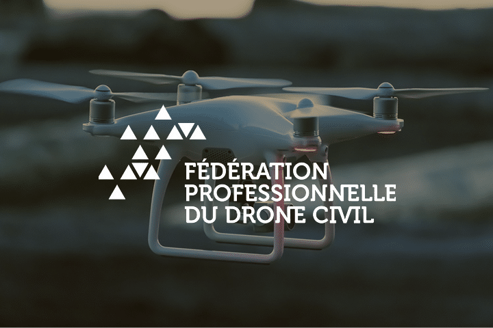 A white drone in flight with the logo and text Fédération Professionnelle du Drone Civil overlaid, accompanied by a cluster of white triangles on the left, highlights industry events and innovations.