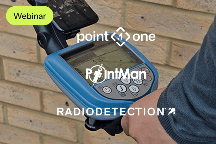 A person holds a blue handheld device with a screen, standing near a brick wall. Overlaid text reads: Webinar, events, PointMan, and RadioDetection, alongside company logos.