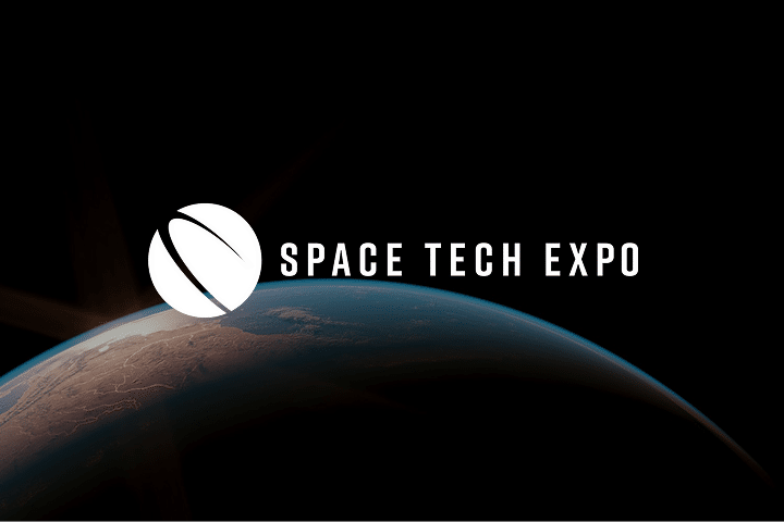 A stylized white logo and the words Space Tech Expo appear above a view of Earth from space, promoting leading events against a striking dark sky backdrop.