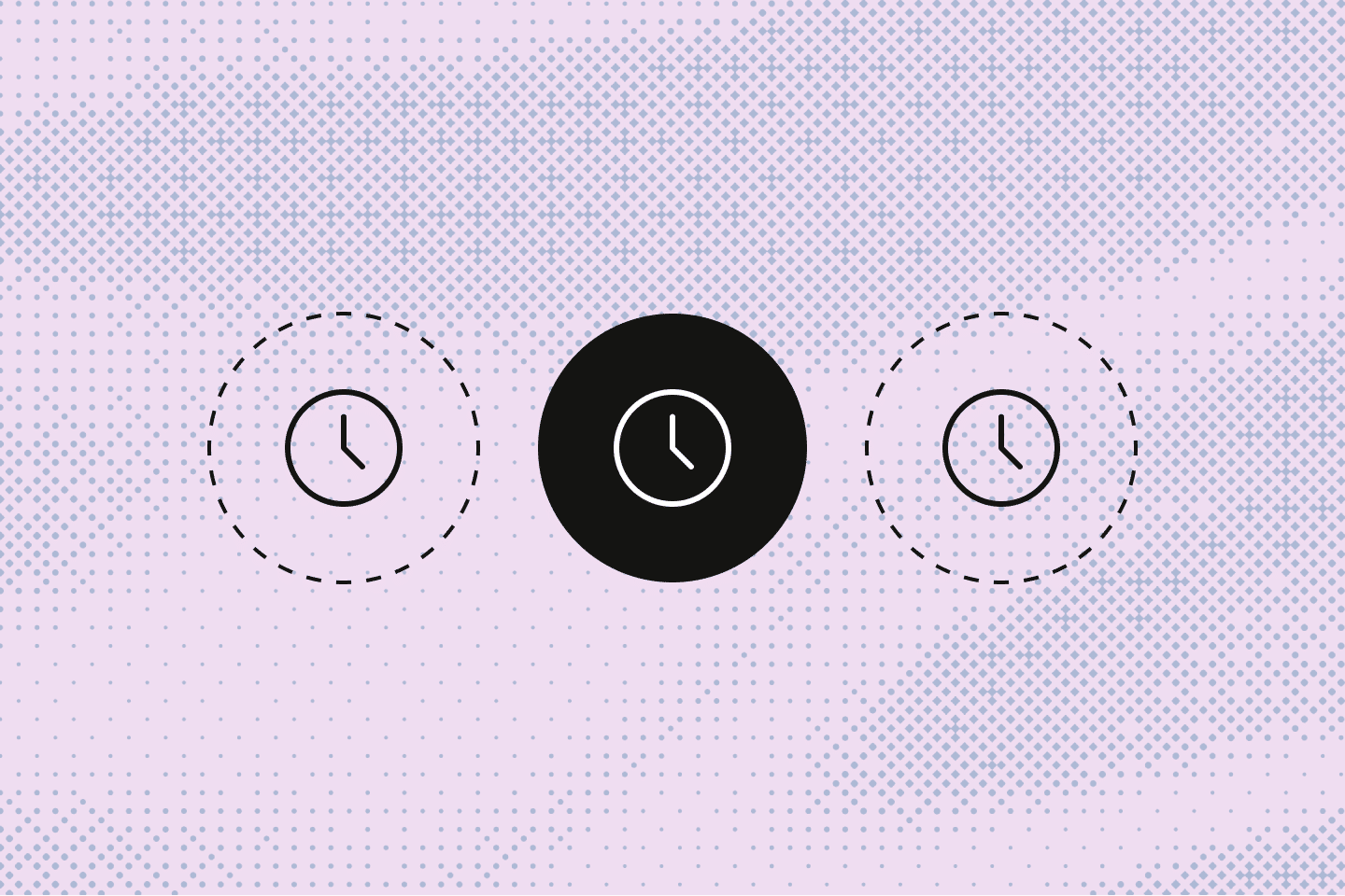 Three simple clock icons are displayed in a row on a pale purple dotted background, illustrating Time Synchronization. The center clock is in a black solid circle, while the others are in dashed circles. All clocks show different times.