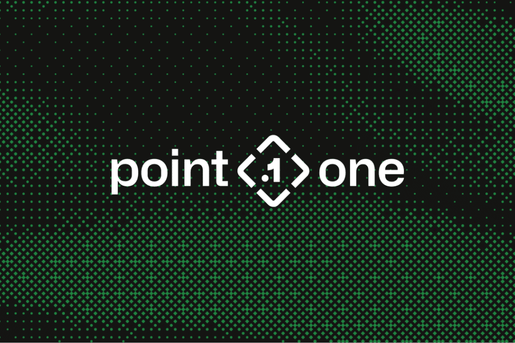 The image shows the text point  one in white on a black background with a green dot pattern. The  is enclosed in angle brackets and a diamond shape, creating a modern, digital look.