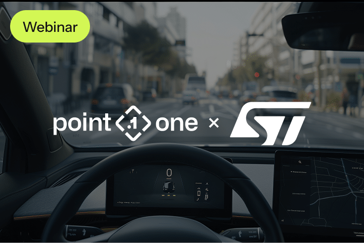 View from inside a car showing the dashboard and digital displays, looking out at a city street. Overlaid are the words Webinar, point one, the ST logo, and events, signifying a collaborative event.