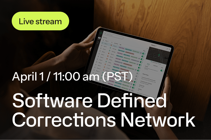 A person holds a tablet displaying data. Text reads: Live stream. April 1 / 11:00 am (PST) Discover the future with Software Defined Corrections Network. The background features a wooden surface.