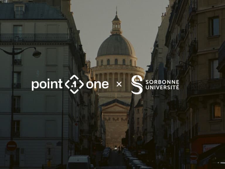 A view of the Panthéon in Paris at dusk, framed by Parisian buildings and cars on the street. Overlaid are the logos for point.one and Sorbonne Université, highlighting the city's blend of heritage, innovation, and robotics.