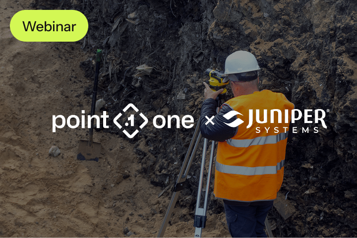A construction worker in an orange vest and white helmet uses surveying equipment on a dirt site. The image highlights the logos for Point One and Juniper Systems, a green Webinar label, and promotes upcoming industry events.