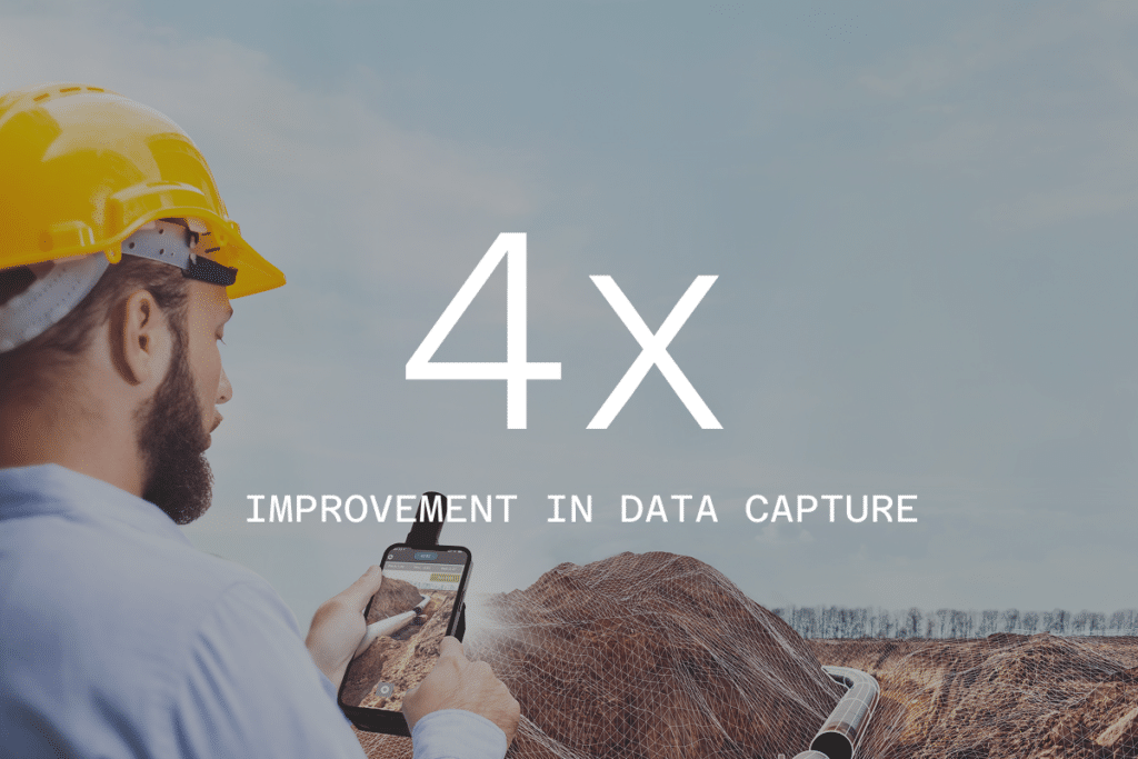 A construction worker wearing a yellow hard hat uses a survey phone GNSS to capture data at a worksite. Large text reads “4x Improvement in Data Capture” overlaid on the image.