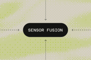 A black rounded rectangle labeled SENSOR FUSION is centered on a dotted green and beige background, with four dashed arrows pointing inward from the top, bottom, left, and right.