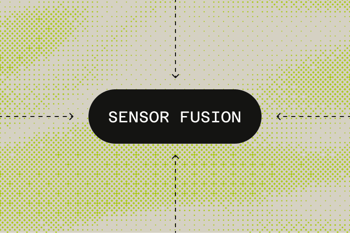 A black rounded rectangle labeled SENSOR FUSION is centered on a dotted green and beige background, with four dashed arrows pointing inward from the top, bottom, left, and right.
