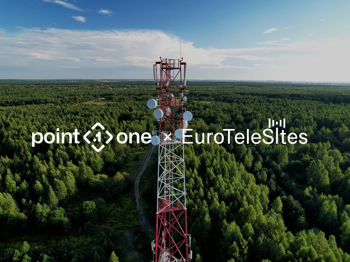 A red and white telecommunications tower stands in a green forest under a blue sky, supporting Europe's RTK network. Overlaid logos read point one x EuroTeleSites.