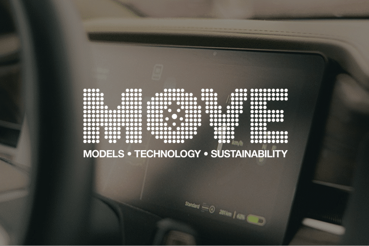 The word MOVE in bold dotted letters appears over a blurred car dashboard, with the words Models • Technology • Sustainability written below.