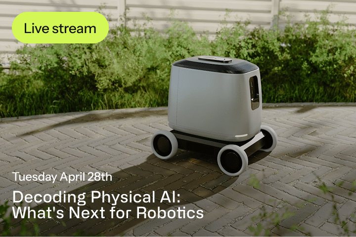 A small, modern delivery robot on wheels sits on a paved path in sunlight. Text overlay reads: “Live stream. Tuesday April 28th. Decoding Physical AI: What’s Next for Robotics and artificial intelligence.”.