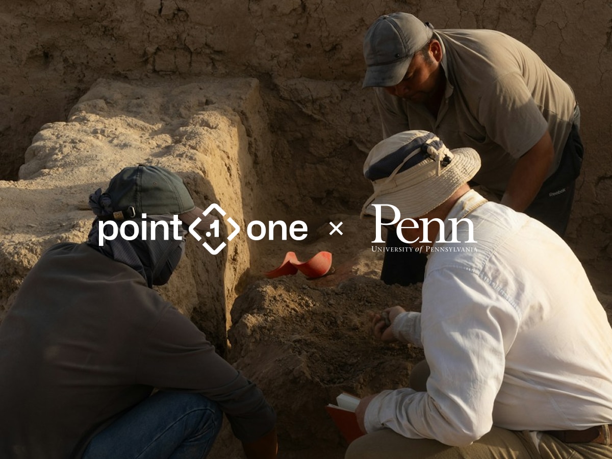 Three people in hats and protective clothing excavate an archaeological site with ancient stone walls. One examines red pottery shards, highlighting the fusion of digital archaeology and fieldwork. Overlaid text reads point one x Penn University of Pennsylvania.