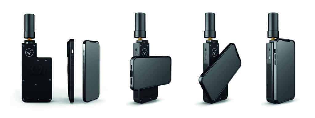 Four views of a black GNSS pre-processing device attached to a smartphone, showing front, side, and two angles with the phone in horizontal and tilted positions, against a white background.