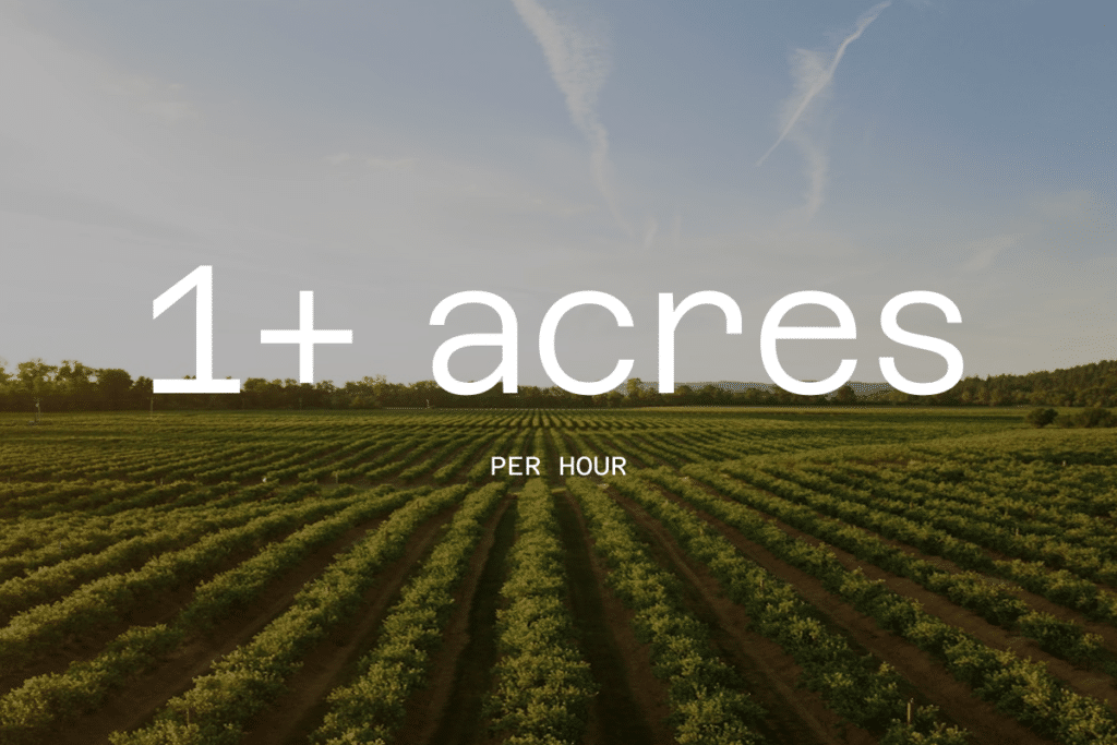 A large, green, cultivated field under a blue sky with thin clouds—highlighting precision ag. Overlaid text reads 1+ acres in large font and PER HOUR in smaller font below.