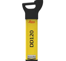 A yellow Leica DD120 device with a black handle, used for detecting underground cables and pipes. The model name DD120 is printed vertically on the front.