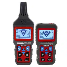 Two handheld electronic devices with screens and buttons, labeled Underground Cable Locator NF-826. One device is taller with a black antenna, and both have blue-lit screens displaying signal information.