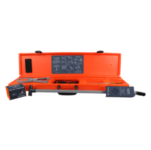 An orange plastic carrying case is open, displaying a set of tools including a long metal rod, a pair of tongs, and instruction manuals arranged neatly inside compartments.