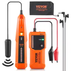 Bright orange VEVOR wire tracker set with transmitter, receiver, black carrying case, red and black alligator clips, and black earphones, used for testing and tracing electrical wires.