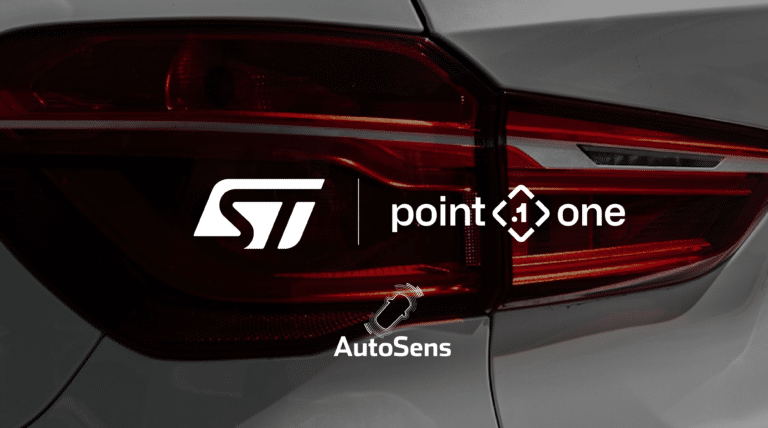 Close-up of a car tail light with three logos overlaid: STMicroelectronics (ST), point one, and AutoSens, highlighting a collaboration in automotive technology, possibly leveraging the Europe RTK network for enhanced vehicle positioning.