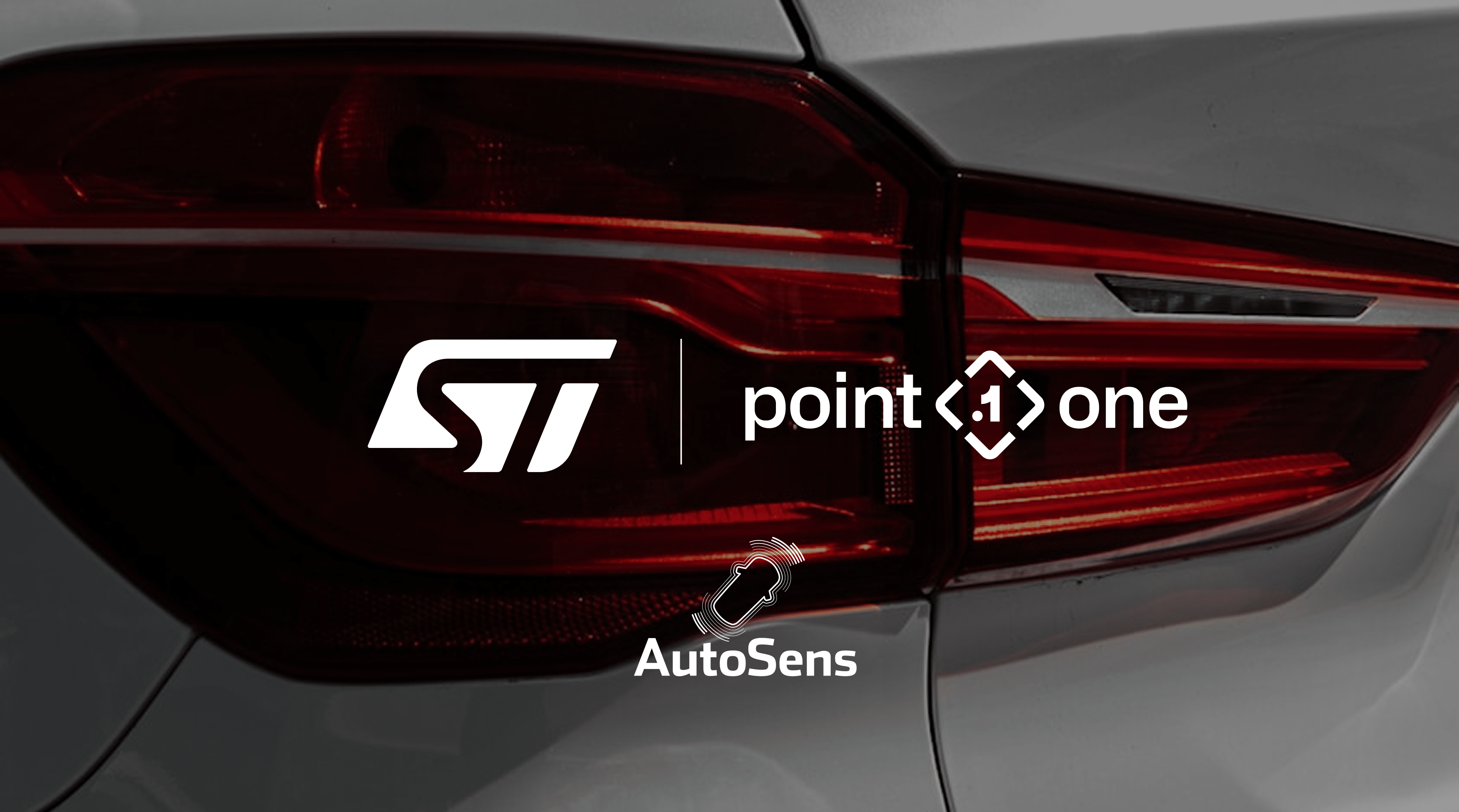 Close-up of a car tail light with three logos overlaid: STMicroelectronics (ST), point one, and AutoSens, highlighting a collaboration in automotive technology, possibly leveraging the Europe RTK network for enhanced vehicle positioning.