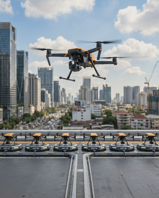 A drone hovers above a rooftop landing pad, with six more drones docked below. The background shows a modern cityscape with tall buildings, busy roads, and scattered clouds in the sky.