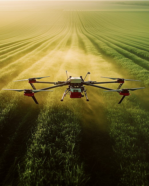 A drone flies above a lush green field with rows of crops at sunrise, casting long shadows and capturing agricultural data.