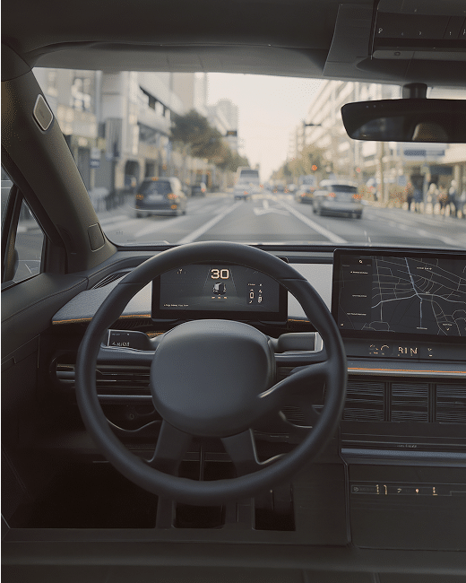 A view from the driver’s seat of a modern car showing a digital dashboard and central screen with navigation, driving on a city street with traffic and buildings visible through the windshield.