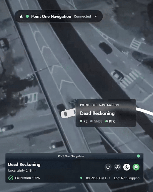 A digital navigation interface shows a cars position on a bridge, with indicators for dead reckoning, GPS (GNSS), and RTK signals. Status panels display connection, calibration, and logging information.