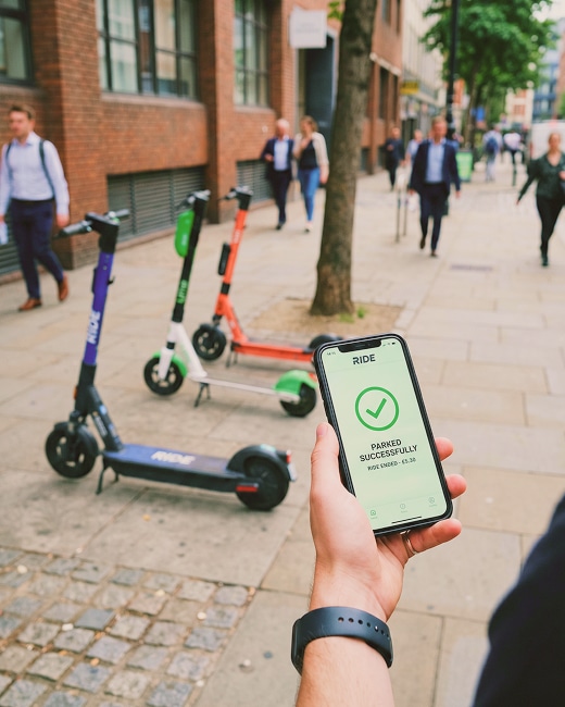 A person holds a smartphone displaying a “Parked Successfully” message near three parked micro-mobility electric scooters on a city sidewalk, while people walk by in the background.
