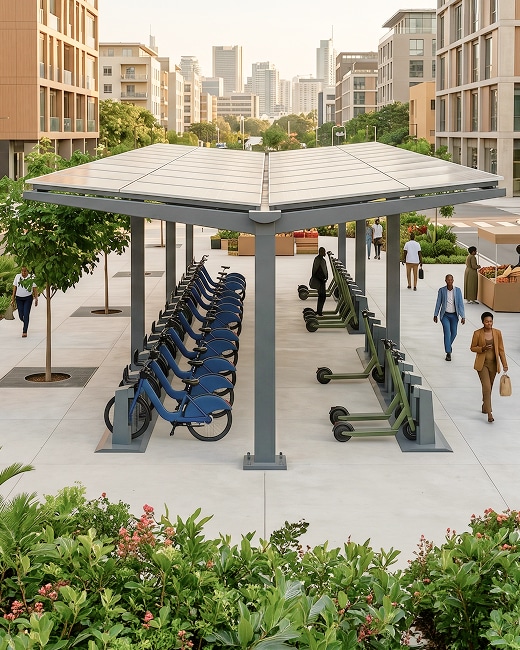 A covered micro-mobility bike and scooter station with parked blue bicycles and green e-scooters is set in a modern, tree-lined urban plaza with people walking and city buildings in the background.
