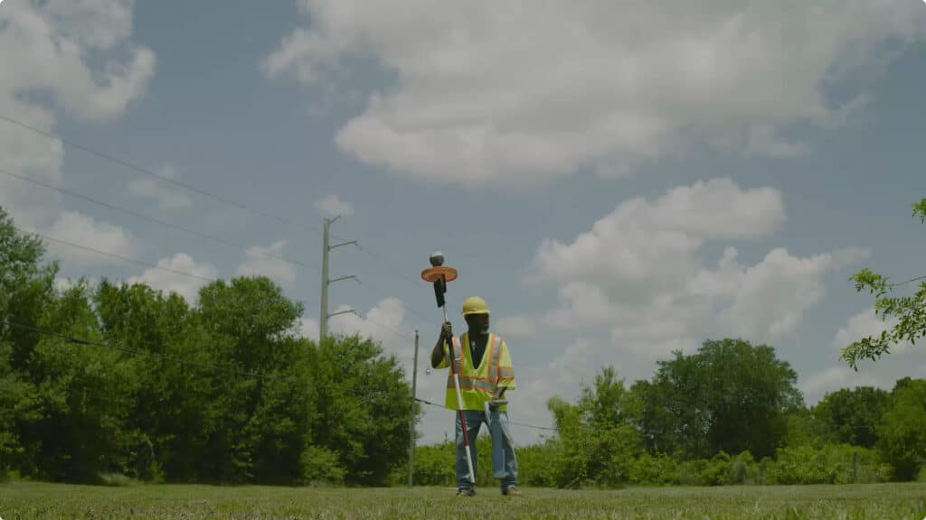 A construction worker wearing a yellow vest and hard hat uses surveying equipment in a grassy field, with trees, power lines, and a partly cloudy sky in the background.