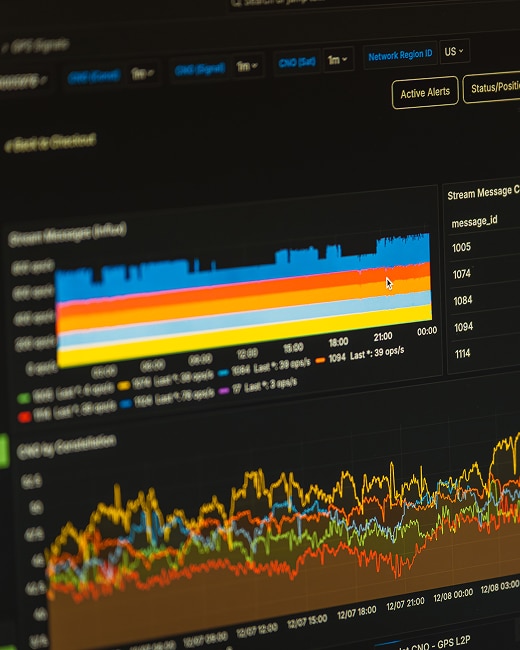 A computer screen displays colorful line and bar graphs showing data trends over time, with various analytics and metrics in a dashboard interface. A white cursor is pointing at one section of a bar graph.