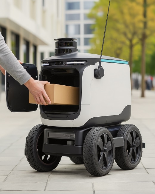 A person places a cardboard box into a small, white autonomous delivery robot with four large wheels on a city sidewalk. The robot’s door is open, and trees and buildings are visible in the background.
