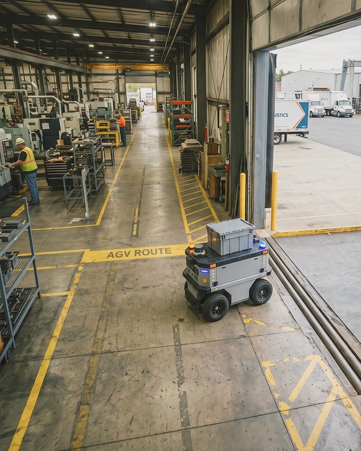 A small autonomous robot vehicle drives along a marked AGV route inside a large industrial warehouse, with workers and machinery visible in the background.
