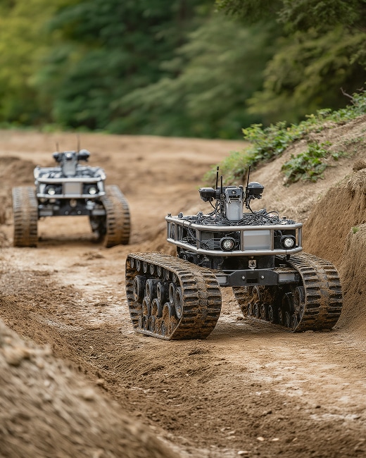 Two tracked robots with cameras and sensors move along a dirt path surrounded by greenery, navigating rough terrain in an outdoor setting.
