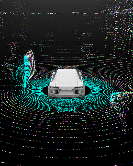 A white car surrounded by blue and green concentric dotted lines representing sensor or radar detection, visualizing how autonomous vehicles scan their environment.