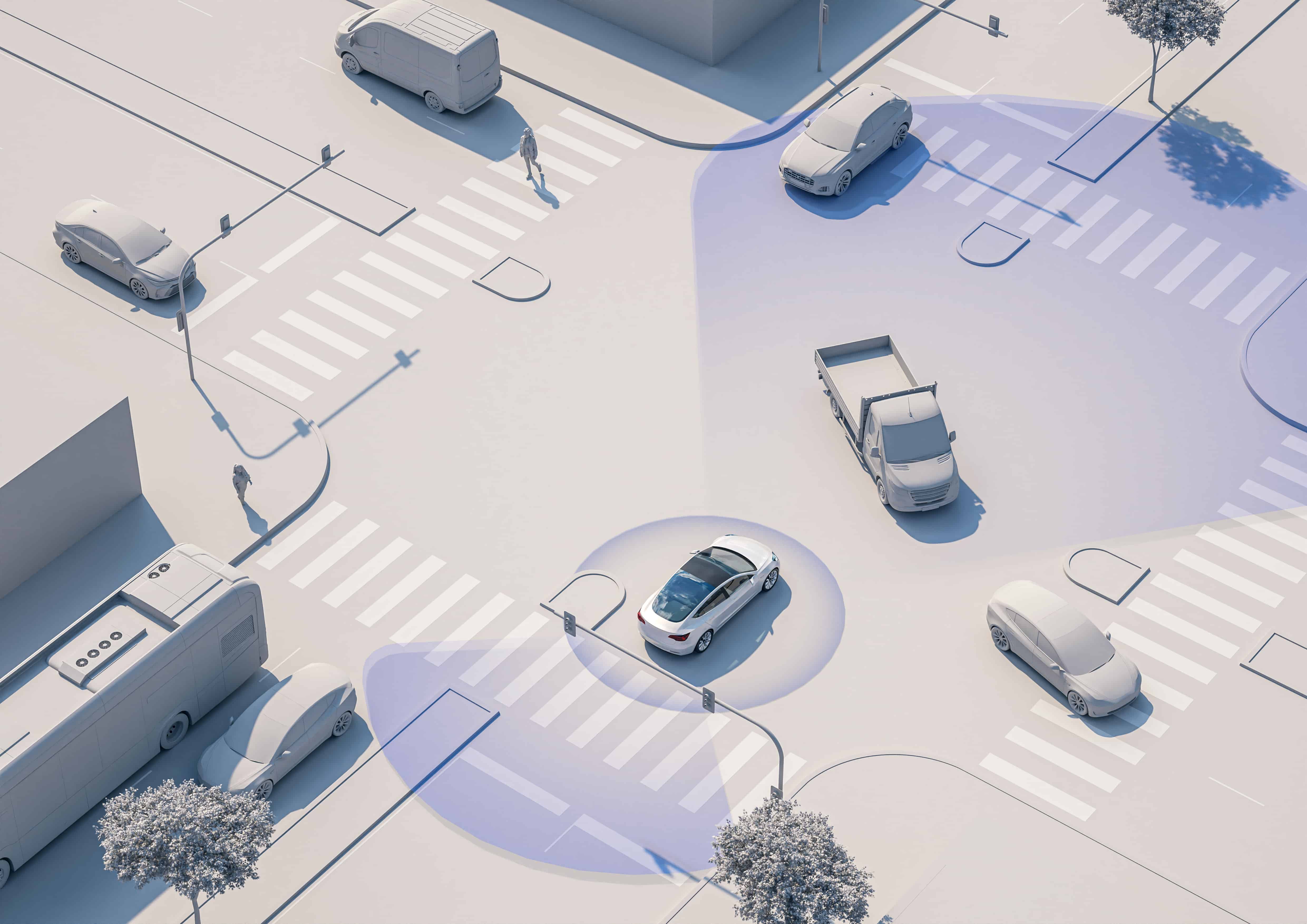 Aerial view of a city intersection with several vehicles and pedestrians; a car in the center displays blue sensor zones, illustrating autonomous or assisted driving technology detecting its surroundings.