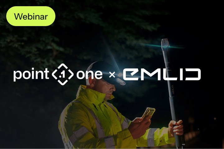 A person in a high-visibility jacket uses a phone and Emlid survey equipment at night. Text reads Live Webinar, point one x EMLID over the image.