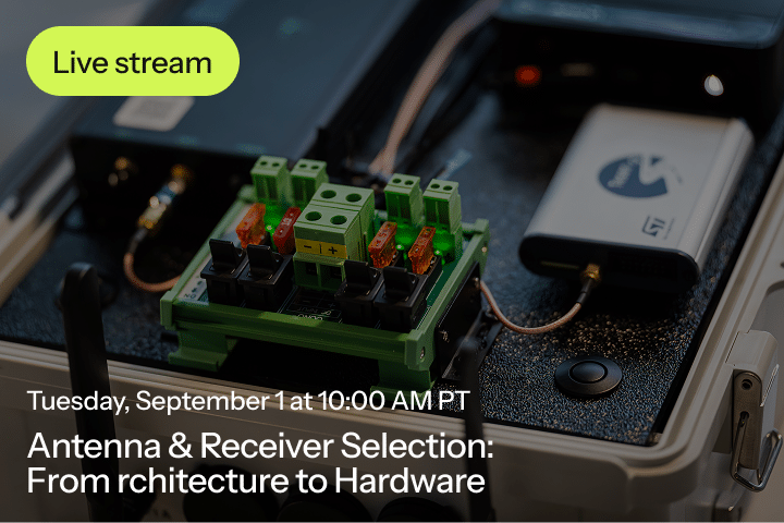 A livestream event on antenna and receiver selection, showing technical hardware with the event date and time: Tuesday, September 1 at 10:00 AM PT.